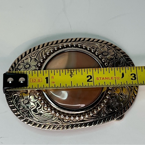 Vintage Western Stone Agate Cab Cabochon Etched Silver Gold Belt Buckle - Picture 7 of 7